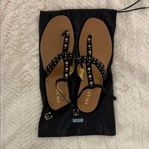 Prada Black and Gold Studded T-strap Sandals